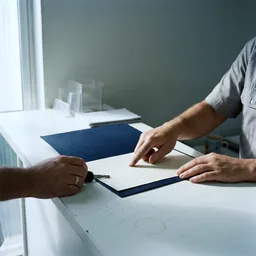 Atendimento no balcão: mãos de atendente e cliente sobre uma pasta azul de documentos