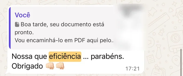 Cliente responde ao aviso de que o documento está pronto: nossa, que eficiência, parabéns
