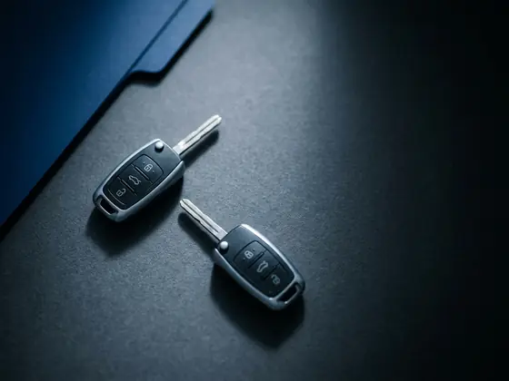 Chave de carro sobre pastas de documento em uma mesa de escritório
